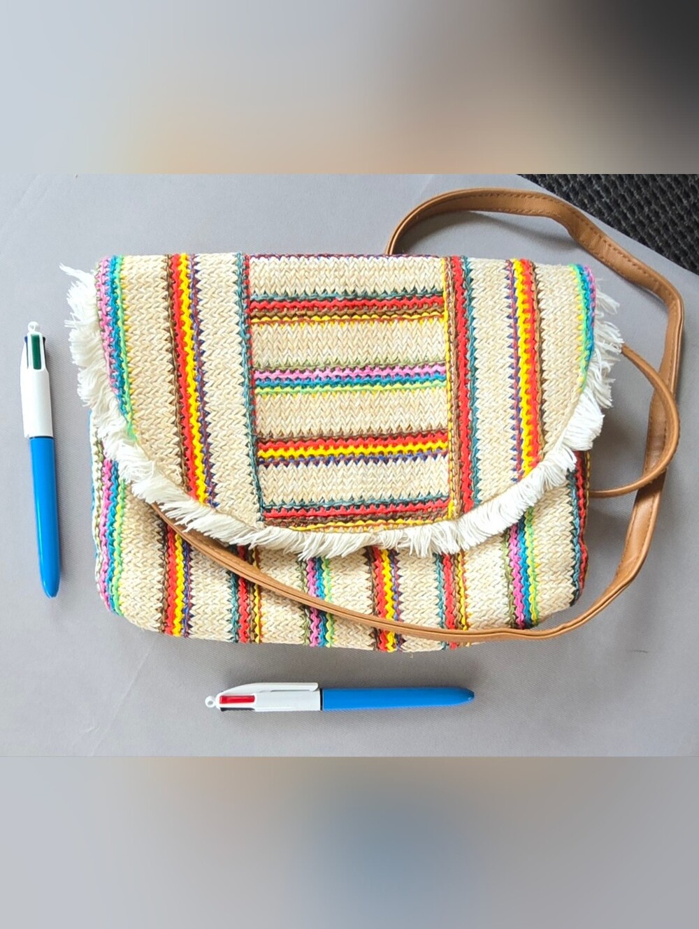 Crossbody Bag in Natural with Multicolor Stripes With Fringe Trim